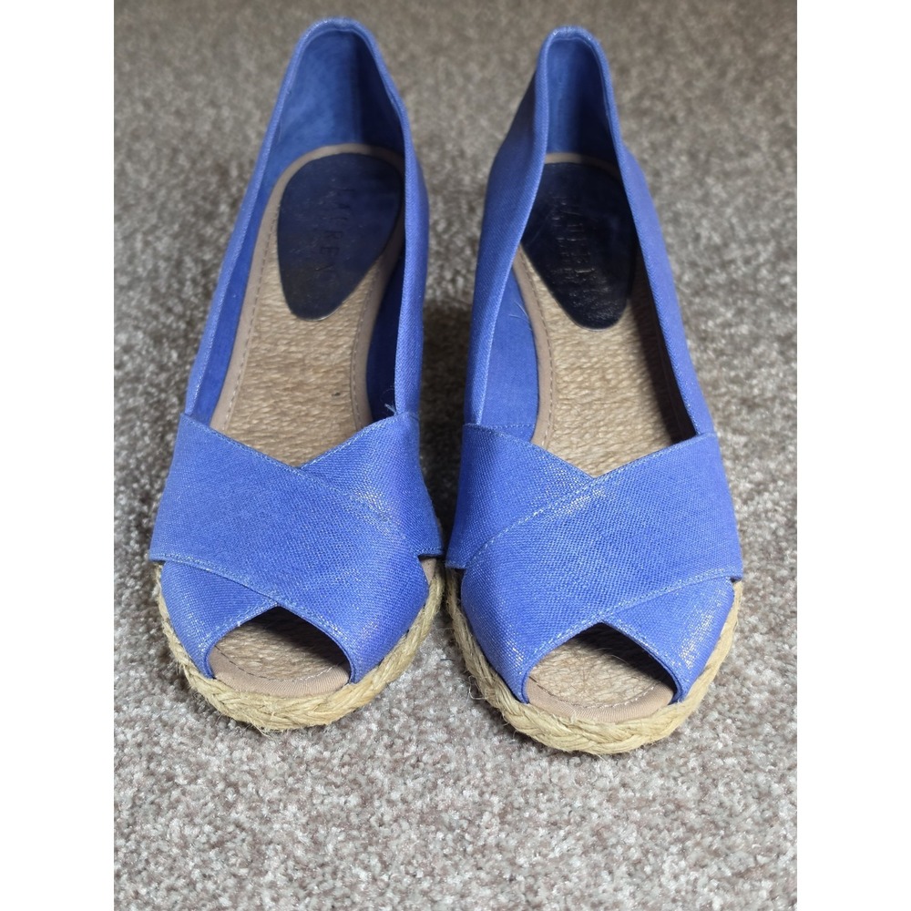 Lauren Ralph Lauren Cecilia BB Espadrille Wedge Heels Blue Linen Peep Toe Sz 12 - Picture 3 of 7
